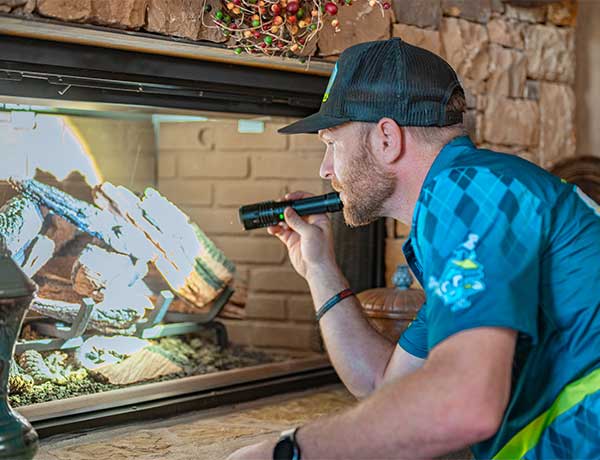 Technician Inspecting Fireplace Technician Inspecting Fireplace