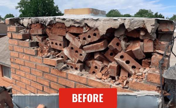 Stock photo of brick chimney before rebuild - C and C Chimney Brick chimney rebuild - crumbling and fallen bricks before rebuild - C & C Chimney