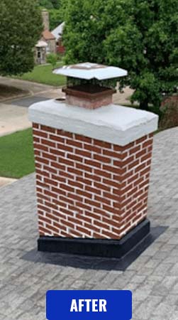Stock photo of Chimney after rebuild - C and C Chimney Beautiful chimney after rebuilt total new brick chimney, crown and cap with trees in background