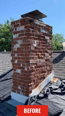Stock photo of chimney before rebuild - C and C Chimney Chimney needs repair - has spalling and rusted flashing with drop cloth on roof