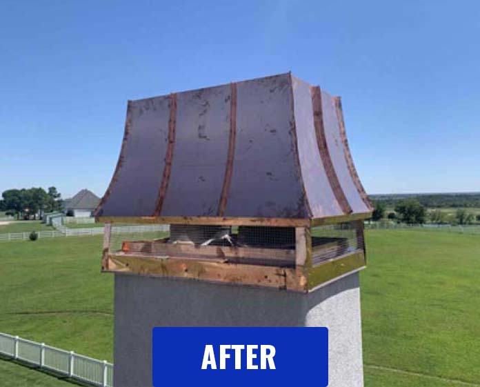 Stock photo of custom chimney cap installation - C and C Chimney Beautiful custom chimney cap after installation with pond and field with white fencing in background along with a house