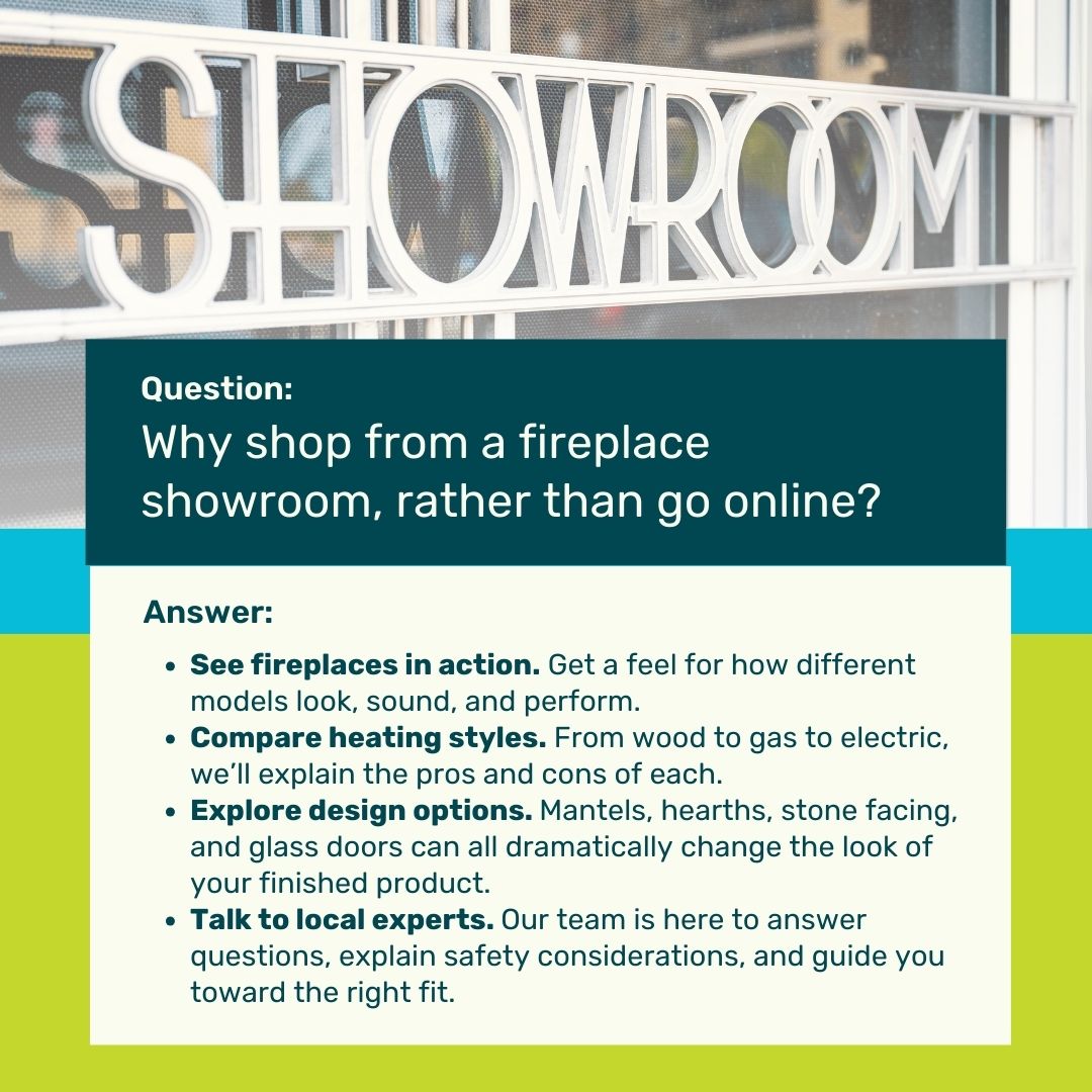 original image features a promotional graphic with a modern, clean design. In the background, the word “SHOWROOM” is prominently displayed in large, decorative white letters across a glass window. Overlaid on top is a teal rectangular section containing the question in bold white text: “Why shop from a fireplace showroom, rather than go online?” Below, on a cream-colored box with lime green accents, the answer is presented in dark gray text with bullet points. The points highlight benefits such as seeing fireplaces in action, comparing heating styles, exploring design options like mantels and glass doors, and talking to local experts for guidance and safety advice. The overall color scheme combines teal, cream, lime green, and white, creating a professional and inviting appearance.