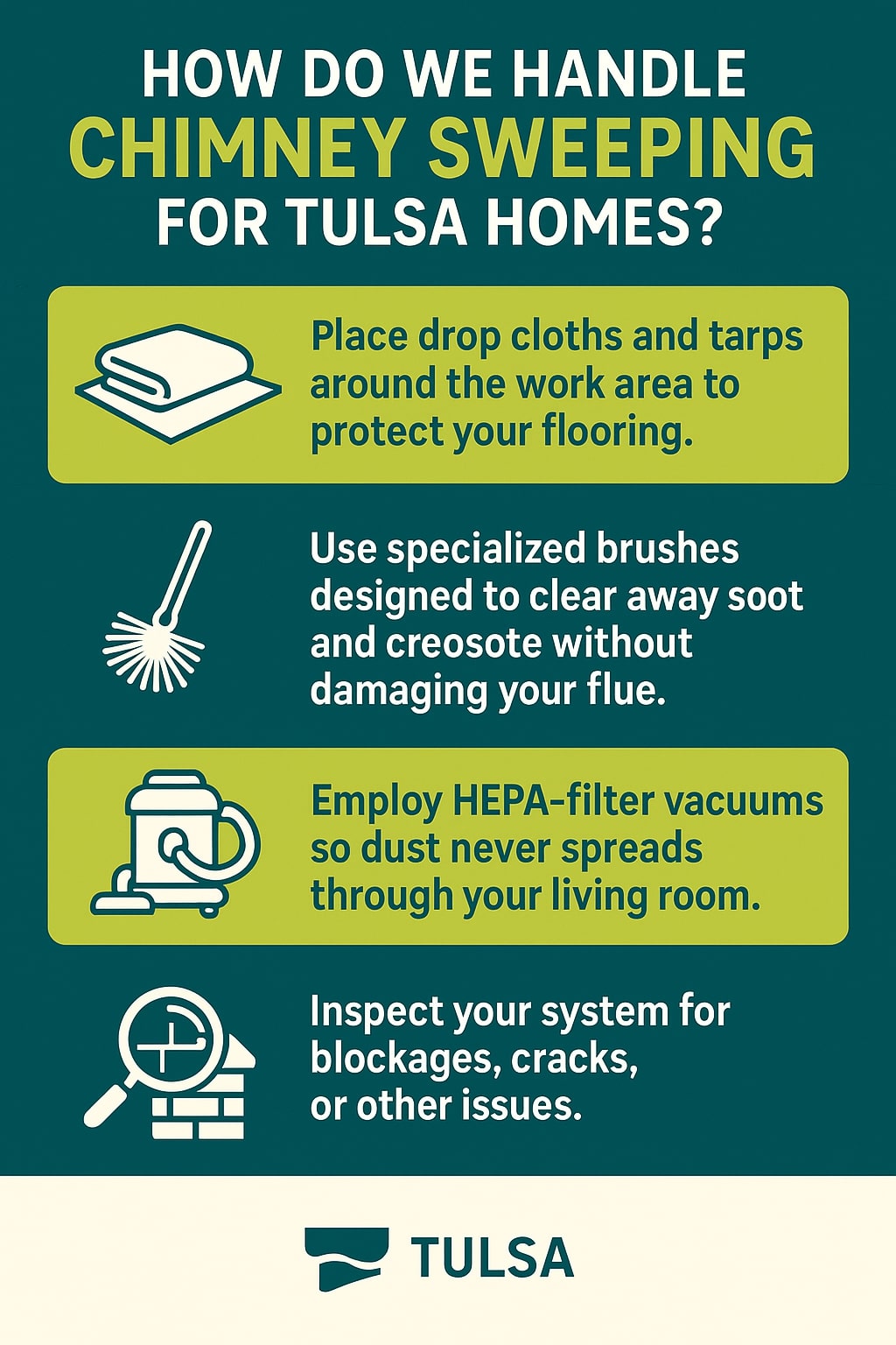 Original infographic with a teal and lime green color scheme titled “How Do We Handle Chimney Sweeping for Tulsa Homes?” featuring white and dark green text. It includes four illustrated icons: a folded drop cloth, a chimney brush, a HEPA vacuum, and a magnifying glass over a brick chimney. The infographic explains the chimney sweeping process with short statements: placing drop cloths and tarps to protect floors, using specialized brushes to clean soot and creosote safely, employing HEPA-filter vacuums to contain dust, and inspecting systems for blockages or cracks. The bottom section includes a cream background with the Tulsa logo and name.<br />
